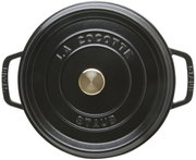 Zwarte ronde braadpan (cocotte) van 24 cm, met twee handvatten en een gouden knop aan de bovenkant