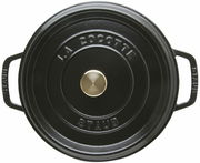 Schwarzer runder Bräter Cocotte 24cm von oben mit zwei Griffen und einem goldenen Knauf