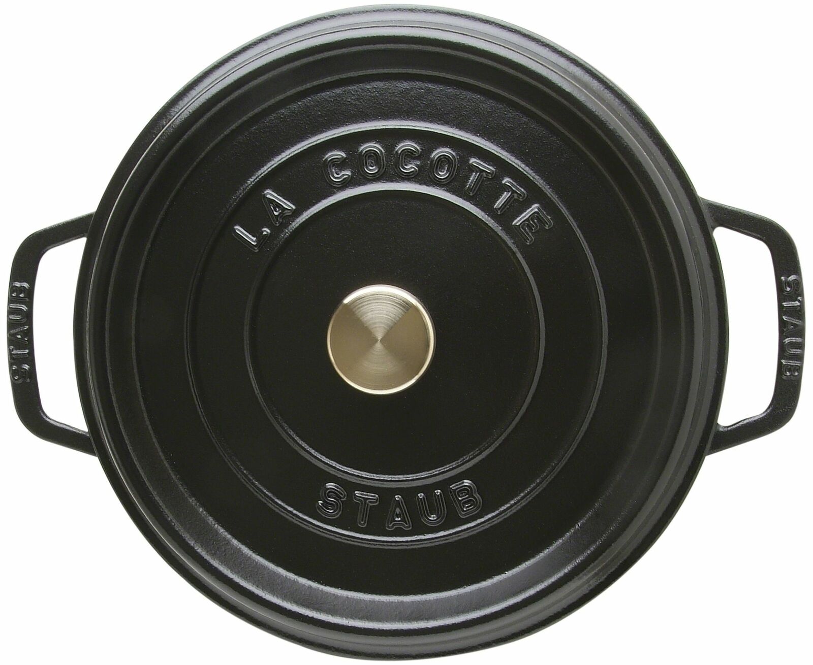 Schwarzer runder Bräter Cocotte 24cm von oben mit zwei Griffen und einem goldenen Knauf