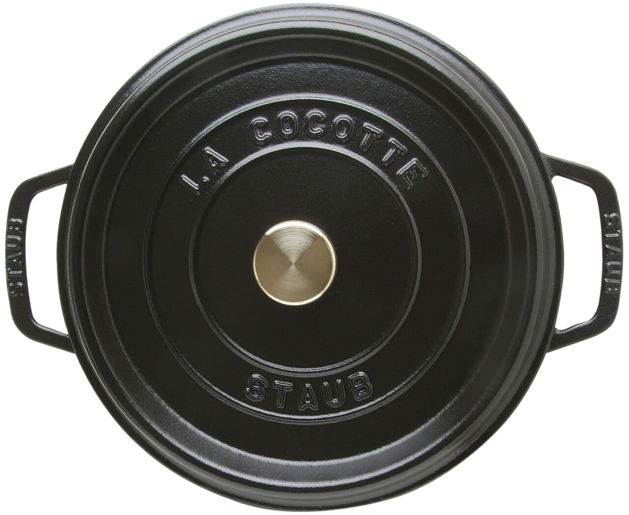 Staub Bräter Cocotte 24cm rund Schwarzer runder Bräter Cocotte 24cm von oben mit zwei Griffen und einem goldenen Knauf