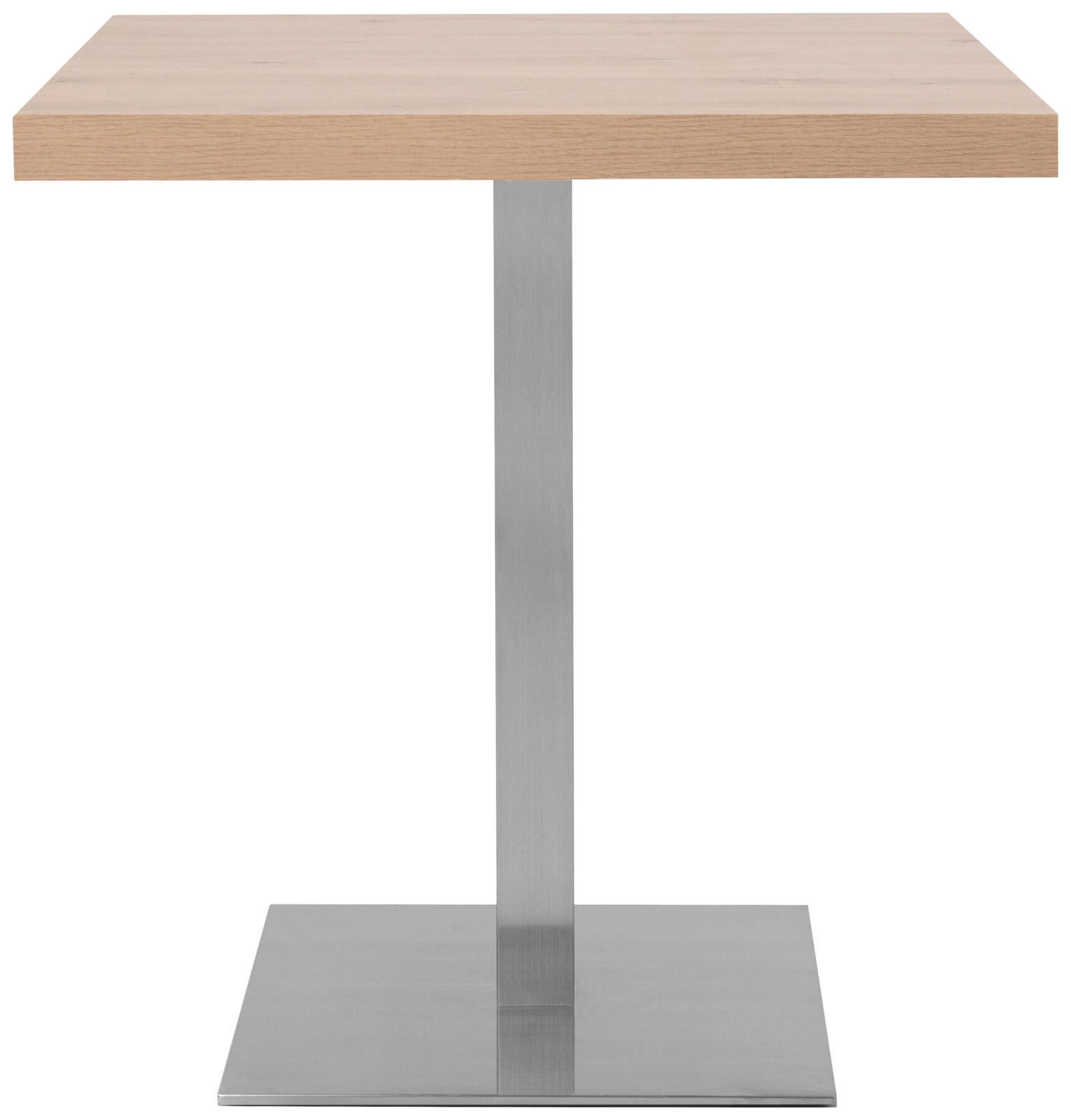 Moderner Esstisch mit quadratischer Holzplatte und Metallfuß, Frontalansicht