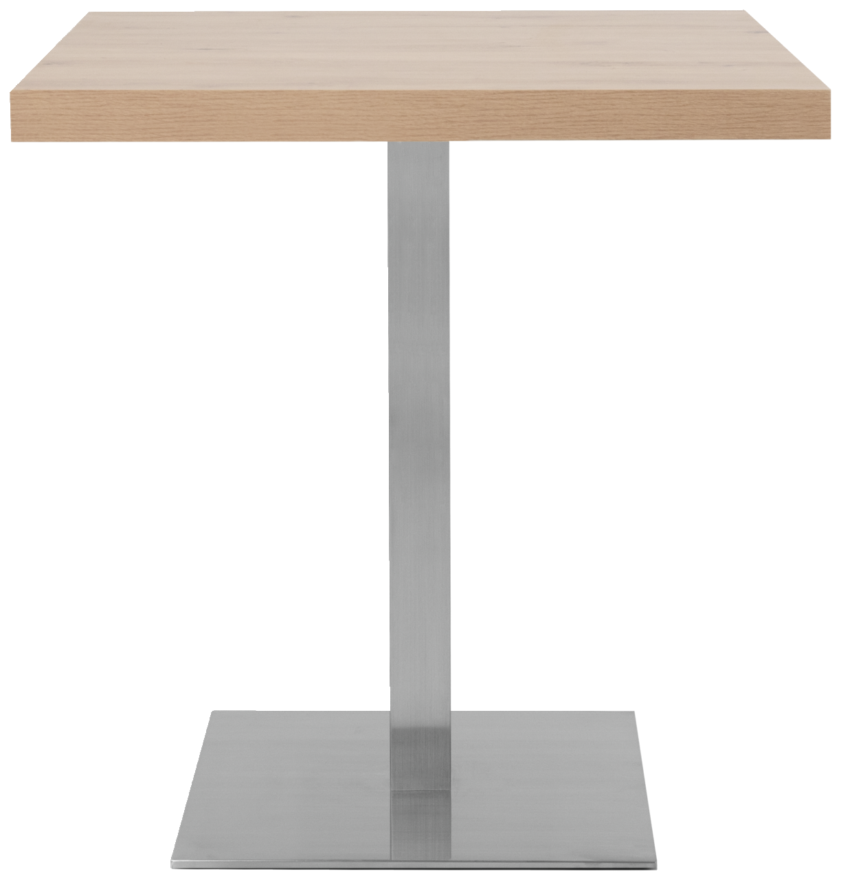 Moderner Esstisch mit quadratischer Holzplatte und Metallfuß, Frontalansicht