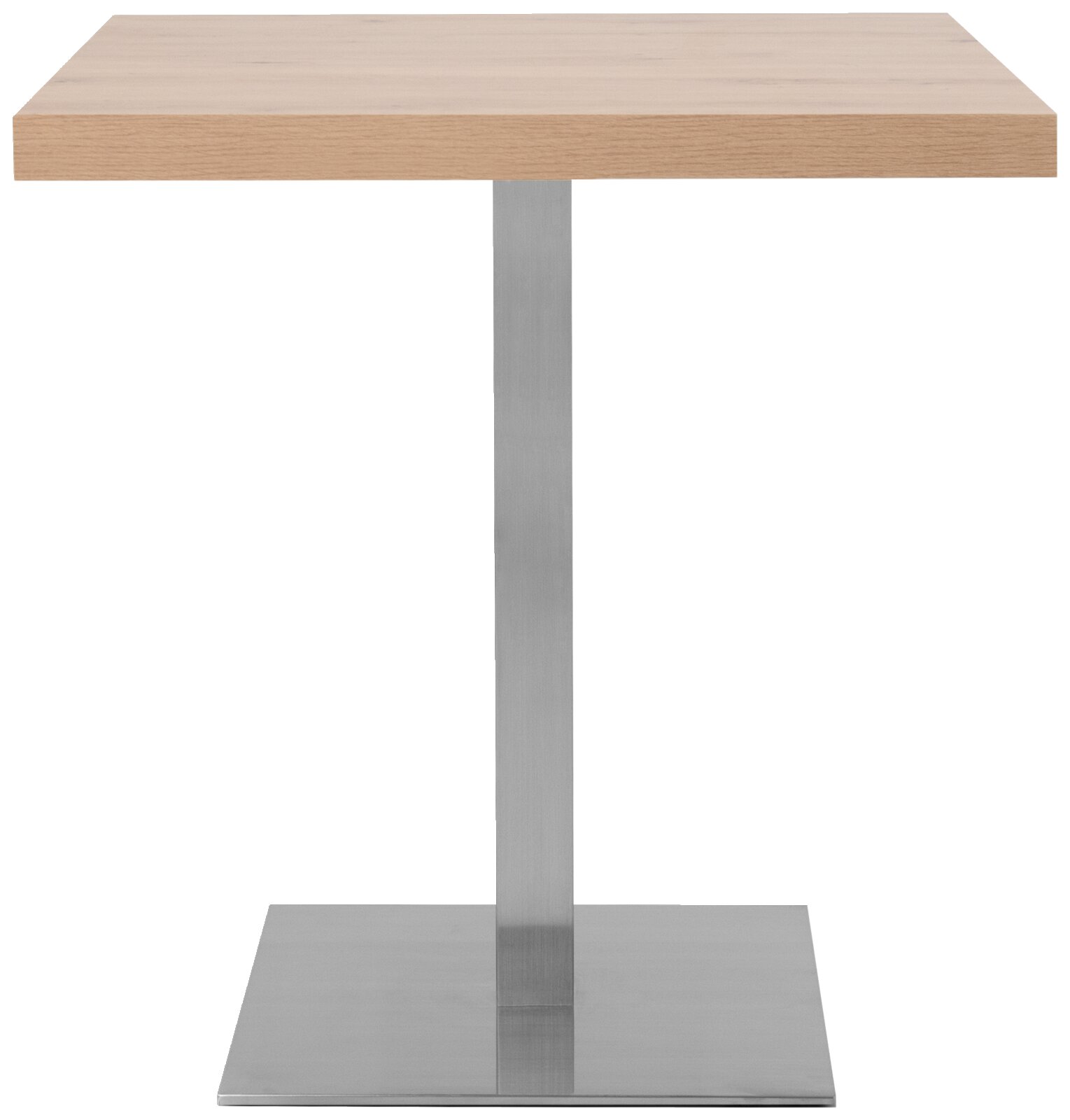 Moderne eettafel met vierkant houten blad en metalen onderstel, vooraanzicht