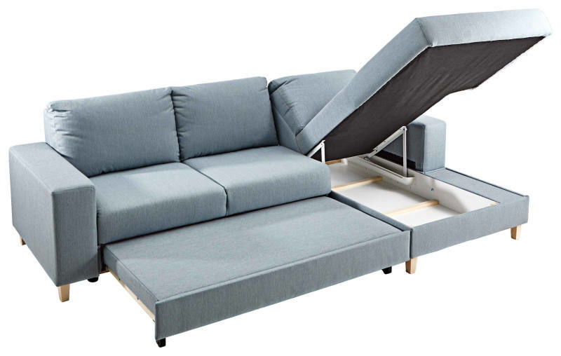 Graues Ecksofa mit ausziehbarem Bett und Stauraum, Perspektive von vorne rechts