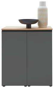 Frontale Ansicht einer modernen Kommode in Dunkelgrau mit hellem Holzdeckel, dekoriert mit einer schwarzen Schale und einer gemusterten Vase.