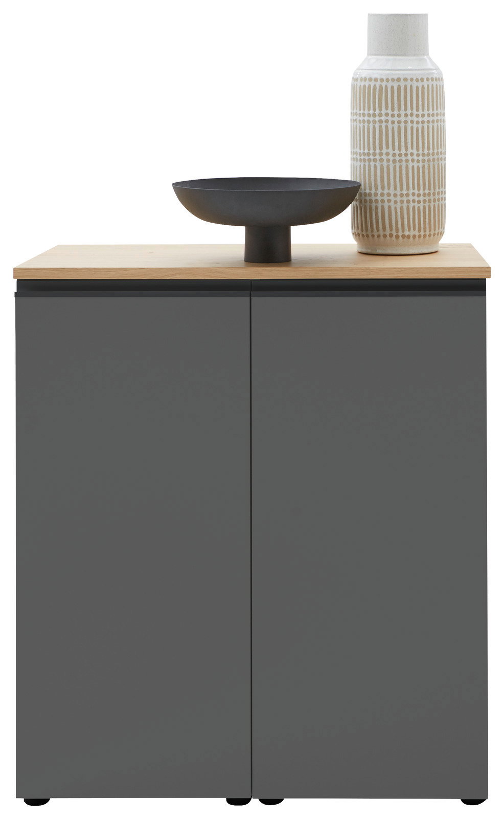 Frontale Ansicht einer modernen Kommode in Dunkelgrau mit hellem Holzdeckel, dekoriert mit einer schwarzen Schale und einer gemusterten Vase.
