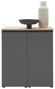 Frontale Ansicht einer modernen Kommode in Dunkelgrau mit hellem Holzdeckel, dekoriert mit einer schwarzen Schale und einer gemusterten Vase.