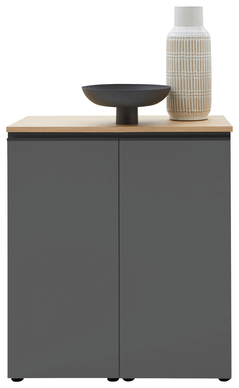 Frontale Ansicht einer modernen Kommode in Dunkelgrau mit hellem Holzdeckel, dekoriert mit einer schwarzen Schale und einer gemusterten Vase.