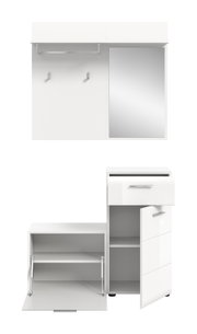 Weißes Garderoben-Set mit Wandpaneel, Hutablage, Kleiderstange, zwei Haken und Spiegel sowie Schuhschrank mit Klappe und Hochschrank mit Schublade und Tür, frontal aus leicht erhöhter Perspektive dargestellt