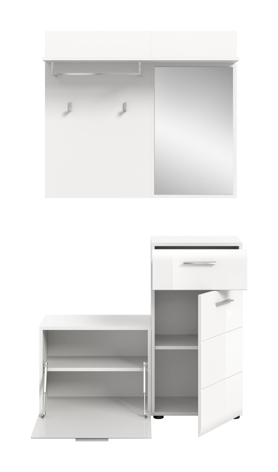 Weißes Garderoben-Set mit Wandpaneel, Hutablage, Kleiderstange, zwei Haken und Spiegel sowie Schuhschrank mit Klappe und Hochschrank mit Schublade und Tür, frontal aus leicht erhöhter Perspektive dargestellt