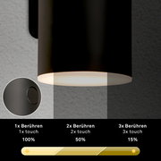 Schwarze Akku-Außenwandleuchte von Briloner, zylindrische Form, seitliche Perspektive, Touch-Funktion für Helligkeitseinstellung.