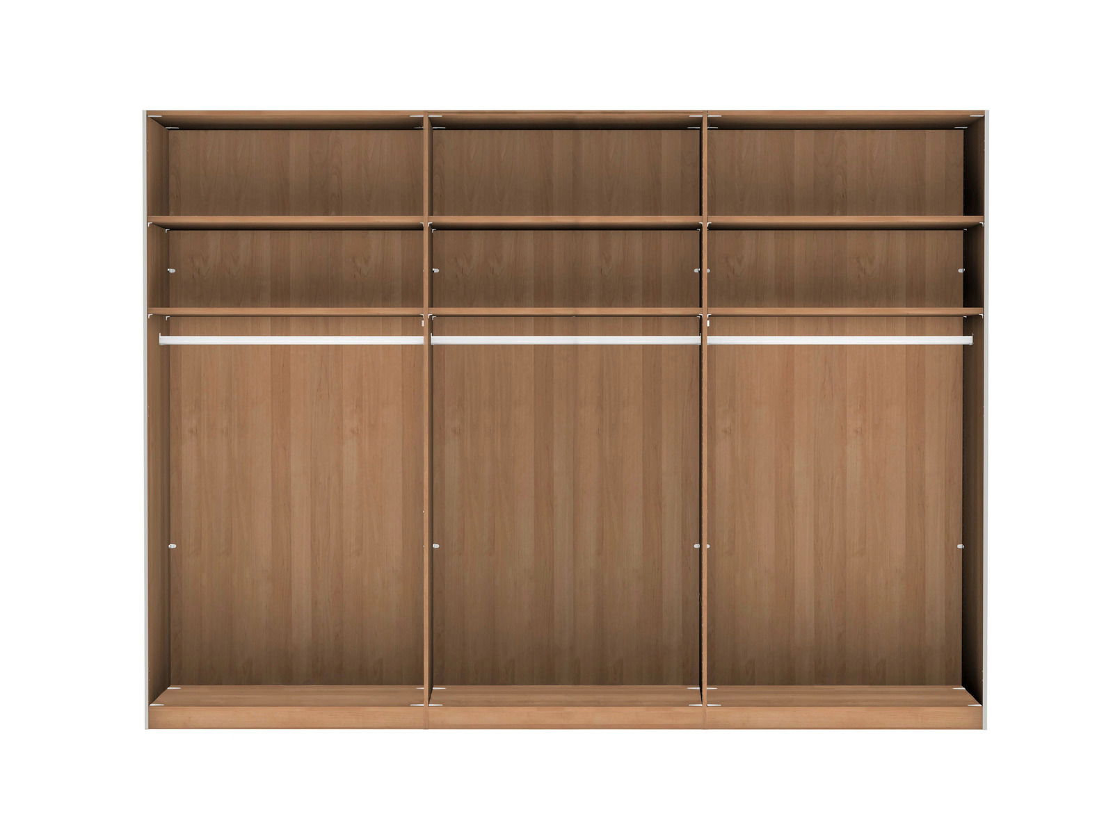 Schwebetürenschrank 3-türig CARDIFF aus Holz, frontale Ansicht, mit mehreren Fächern und Kleiderstangen.