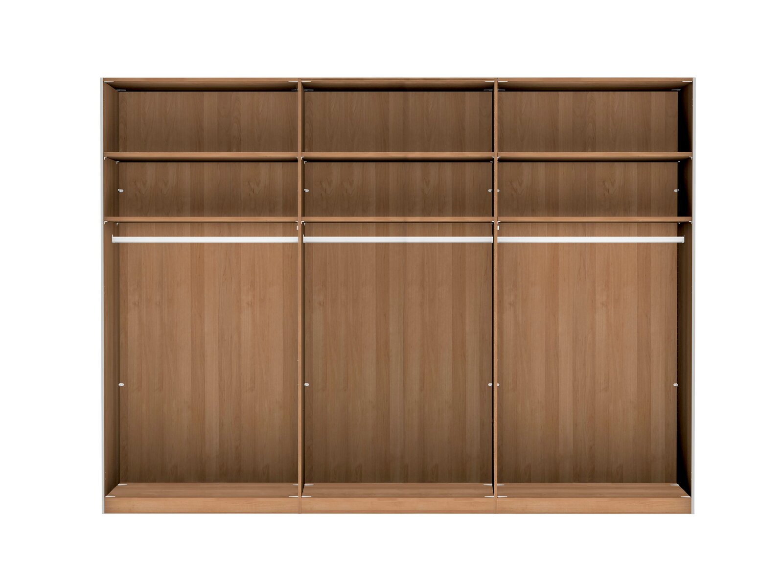 Schwebetürenschrank 3-türig CARDIFF aus Holz, frontale Ansicht, mit mehreren Fächern und Kleiderstangen.