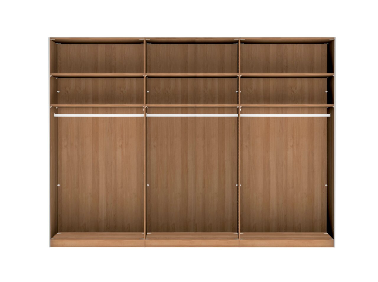 Schwebetürenschrank 3-türig CARDIFF aus Holz, frontale Ansicht, mit mehreren Fächern und Kleiderstangen.