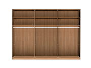 Schwebetürenschrank 3-türig CARDIFF aus Holz, frontale Ansicht, mit mehreren Fächern und Kleiderstangen.