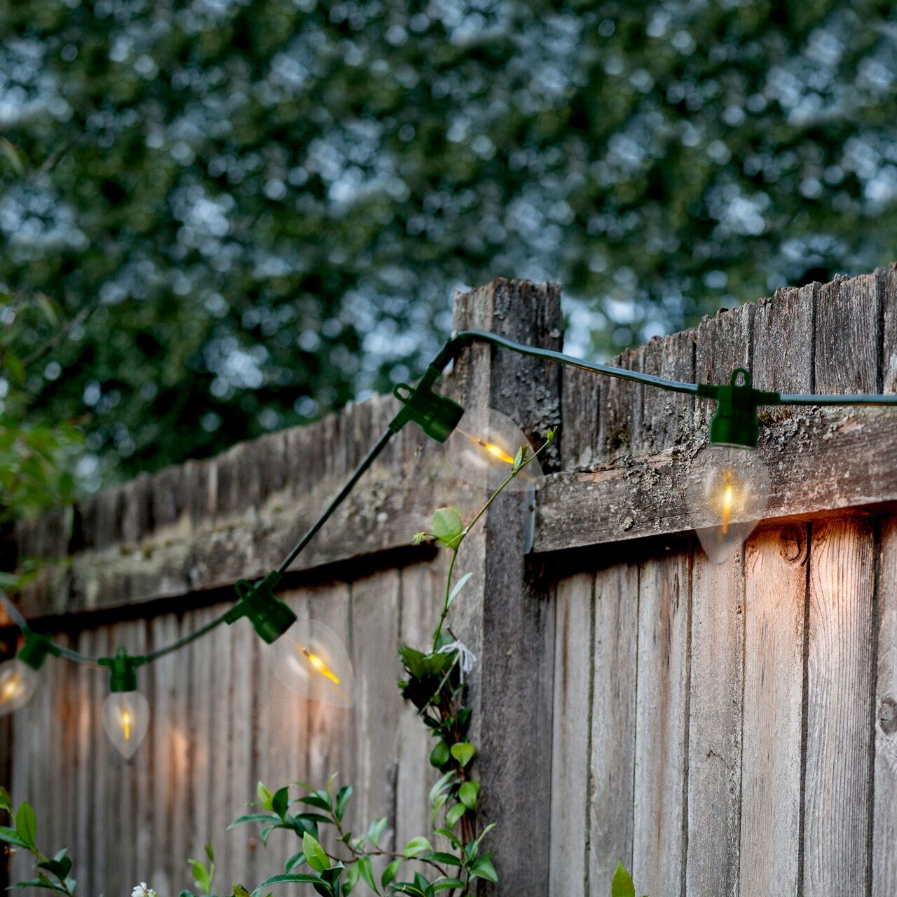 LED-feestverlichting aan een houten schutting, zijaanzicht