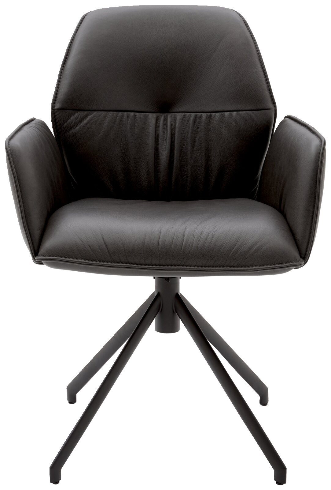Zwarte fauteuil met gestoffeerde zitting en rugleuning, op een stevig metalen onderstel, vooraanzicht.