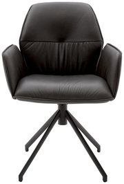 Zwarte fauteuil met gestoffeerde zitting en rugleuning, op een stevig metalen onderstel, vooraanzicht.