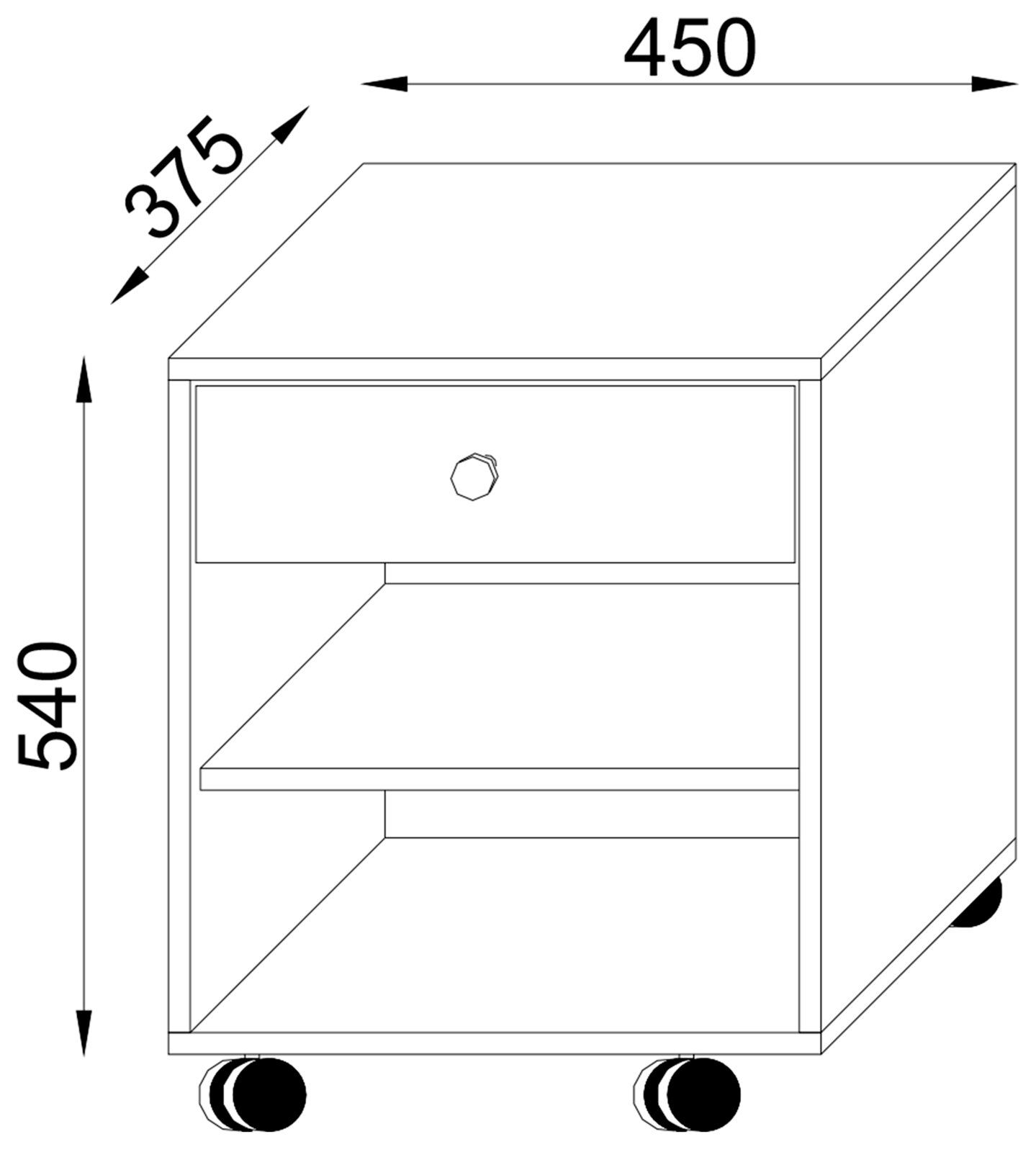Technische Strichzeichnung eines rollbaren Nachttischs/Beistellschranks mit Schublade und offenem Fach, Maße ca. 450 mm Breite, 375 mm Tiefe und 540 mm Höhe, perspektivische Ansicht von vorne rechts (3/4-Perspektive).