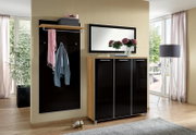 Modernes Garderoben-Set in einem hellen Raum mit großem Fenster, bestehend aus einem schwarzen Schrank, einem Spiegel und einer Garderobenleiste mit Ablage. Perspektive von vorne.