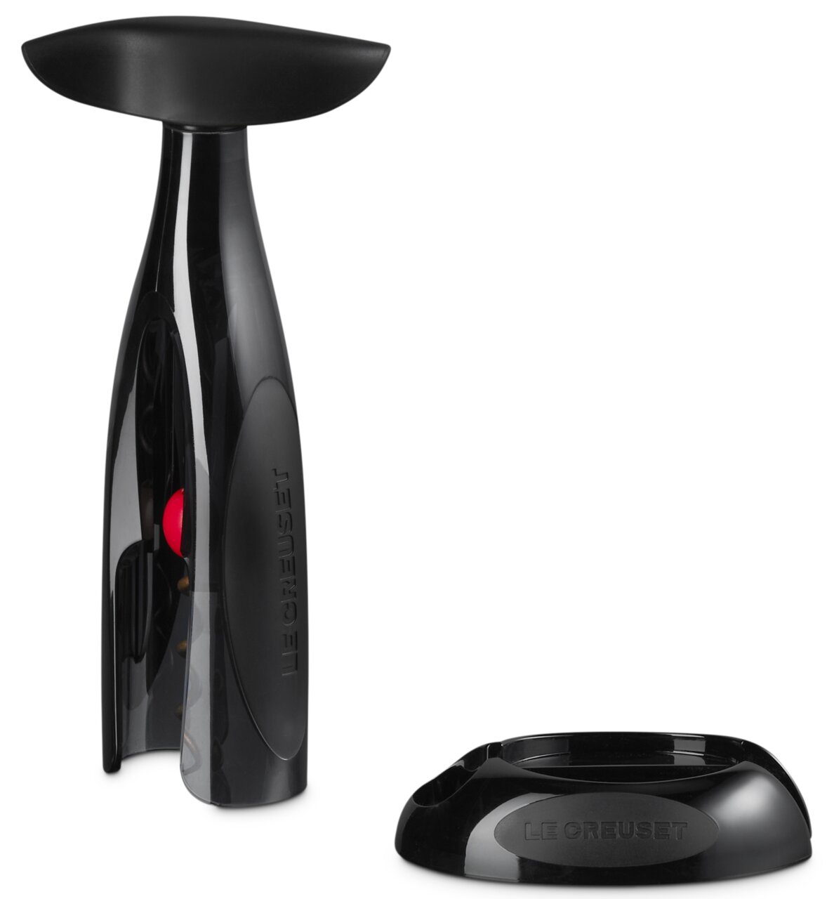 LE CREUSET Korkenzieher 2er-Set ACTIV BALL Schwarzer Korkenzieher ActivBall von Le Creuset, frontal abgebildet mit separatem Sockel.