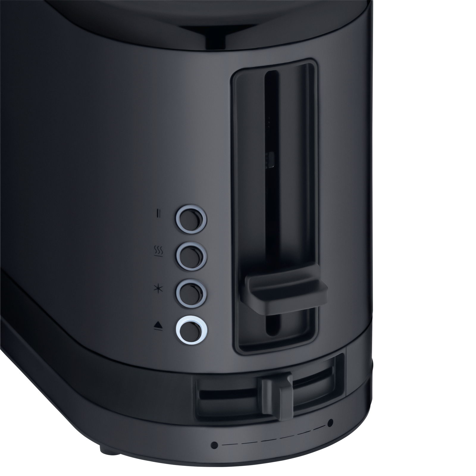 Nahaufnahme eines schwarzen Langschlitztoasters mit Bedienelementen an der Seite, seitliche Perspektive