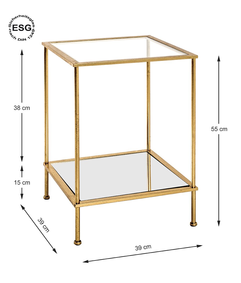 Quadratischer Beistelltisch aus Metall in Messing-Optik mit Glasablage, 39 x 39 cm, Höhe 55 cm, Produktfoto in leicht schräger Frontansicht mit Maßangaben