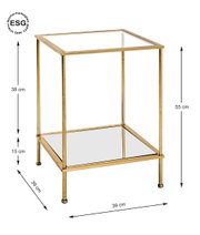 Quadratischer Beistelltisch aus Metall in Messing-Optik mit Glasablage, 39 x 39 cm, Höhe 55 cm, Produktfoto in leicht schräger Frontansicht mit Maßangaben
