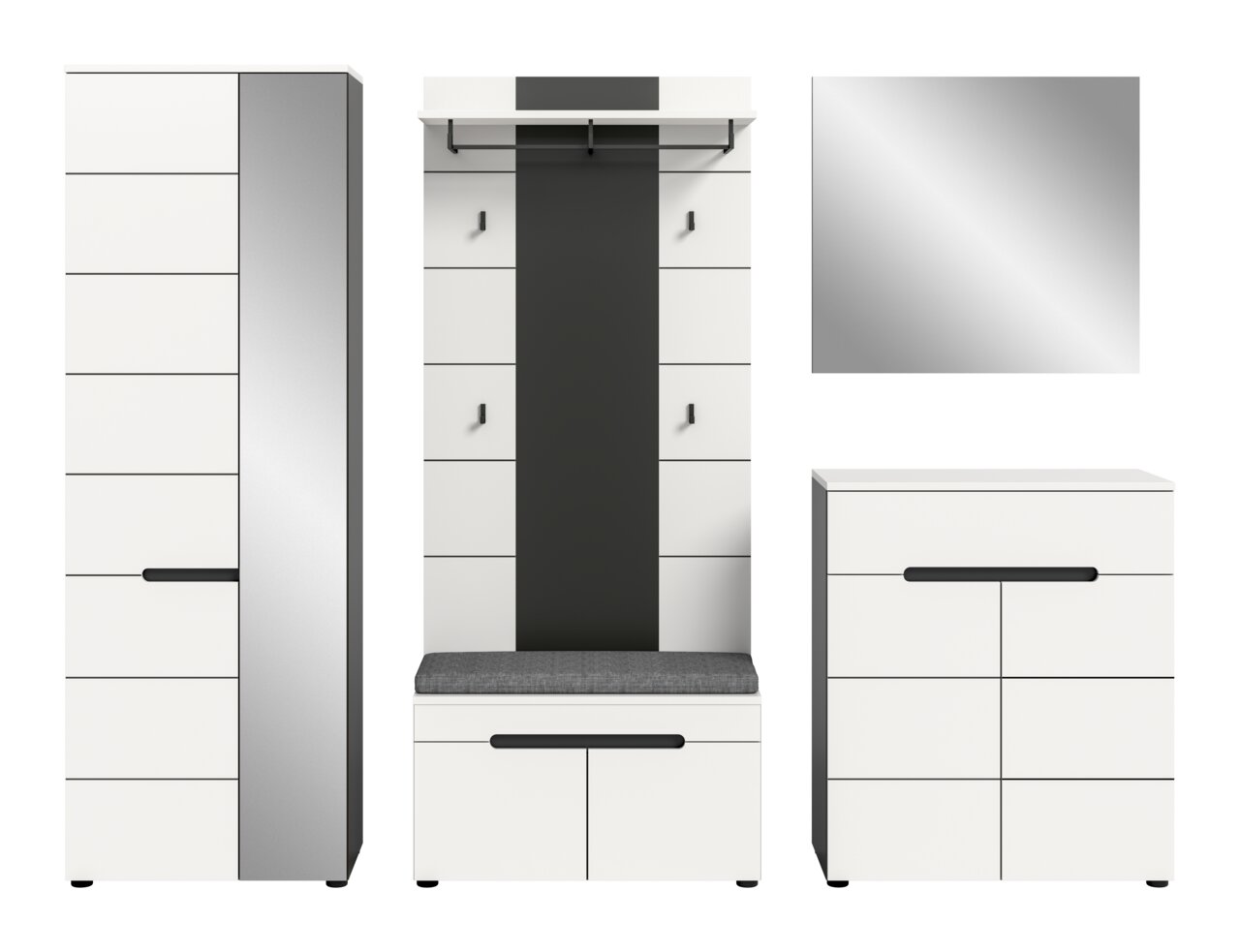 Moderne Garderobenmöbel in Weiß und Grau: hoher Schrank, Garderobenpaneel mit Sitzbank und Schuhschrank sowie Kommode, frontale Ansicht auf weißem Hintergrund