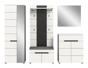 Moderne Garderobenmöbel in Weiß und Grau: hoher Schrank, Garderobenpaneel mit Sitzbank und Schuhschrank sowie Kommode, frontale Ansicht auf weißem Hintergrund