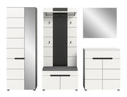 Moderne Garderobenmöbel in Weiß und Grau: hoher Schrank, Garderobenpaneel mit Sitzbank und Schuhschrank sowie Kommode, frontale Ansicht auf weißem Hintergrund