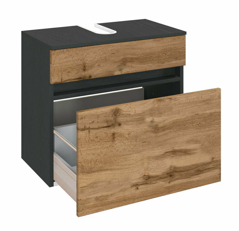 Waschbeckenunterschrank mit Holzoptik und schwarzem Korpus, geöffnete Schublade, seitliche Perspektive