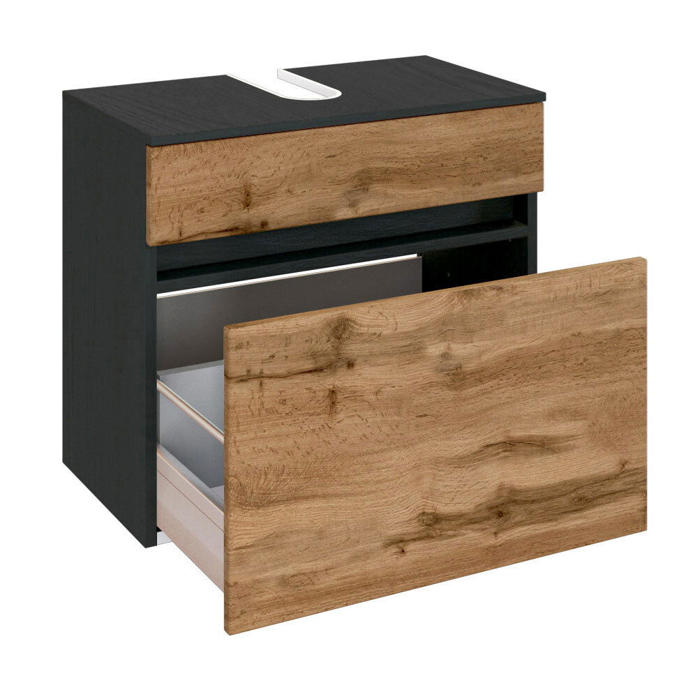Waschbeckenunterschrank mit Holzoptik und schwarzem Korpus, geöffnete Schublade, seitliche Perspektive