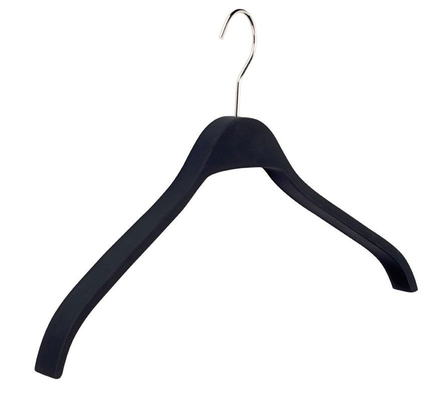 Schwarzer Kleiderbügel aus Kunststoff mit Metallhaken, seitliche Perspektive