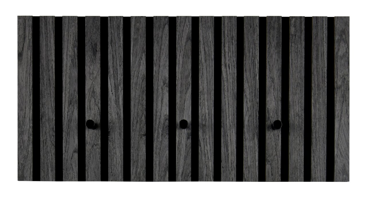 Vorderansicht der XORA Garderobenleiste GRACE mit vertikalen Holzlatten und drei Haken.