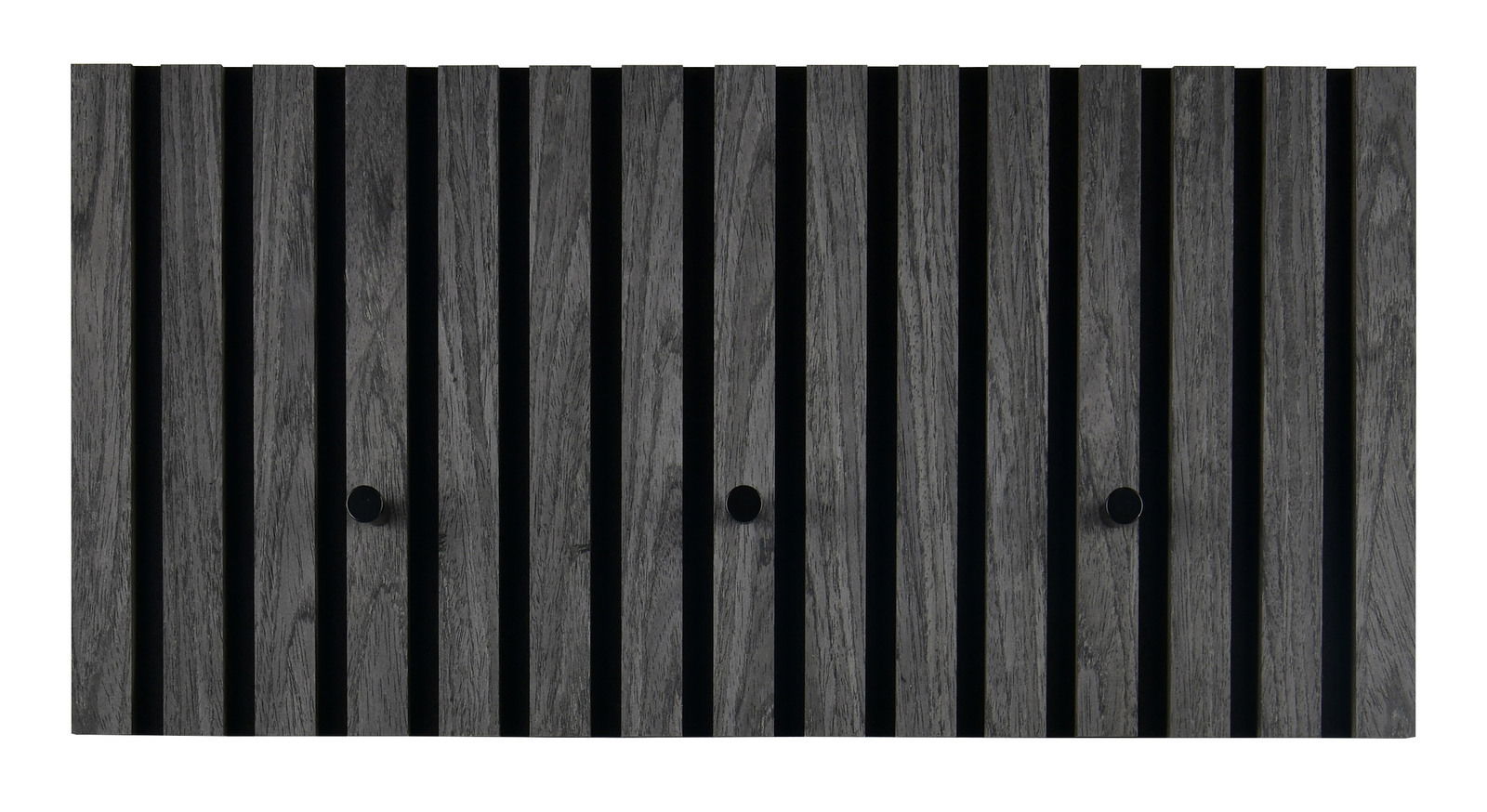 Vorderansicht der XORA Garderobenleiste GRACE mit vertikalen Holzlatten und drei Haken.