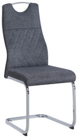 Moderner Schwingstuhl mit grauem Stoffbezug und verchromtem Gestell, seitliche Perspektive