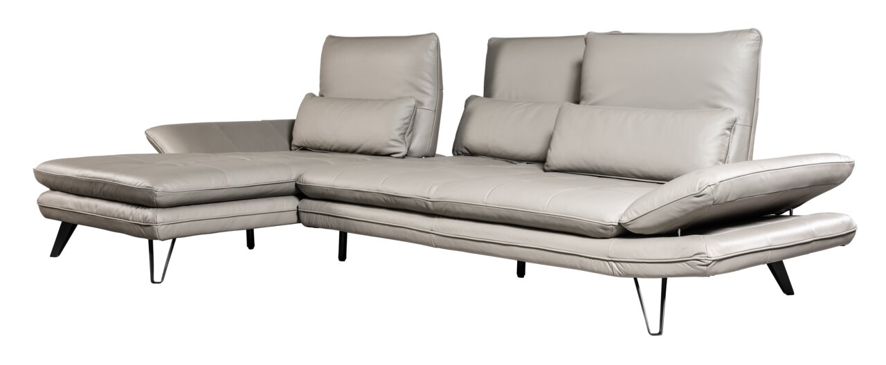 Grijze ligstoelcombinatie met een modern ontwerp, metalen poten en verstelbare rugleuningen, zijaanzicht