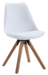 Moderner weißer Stuhl mit Holzbeinen, seitliche Perspektive