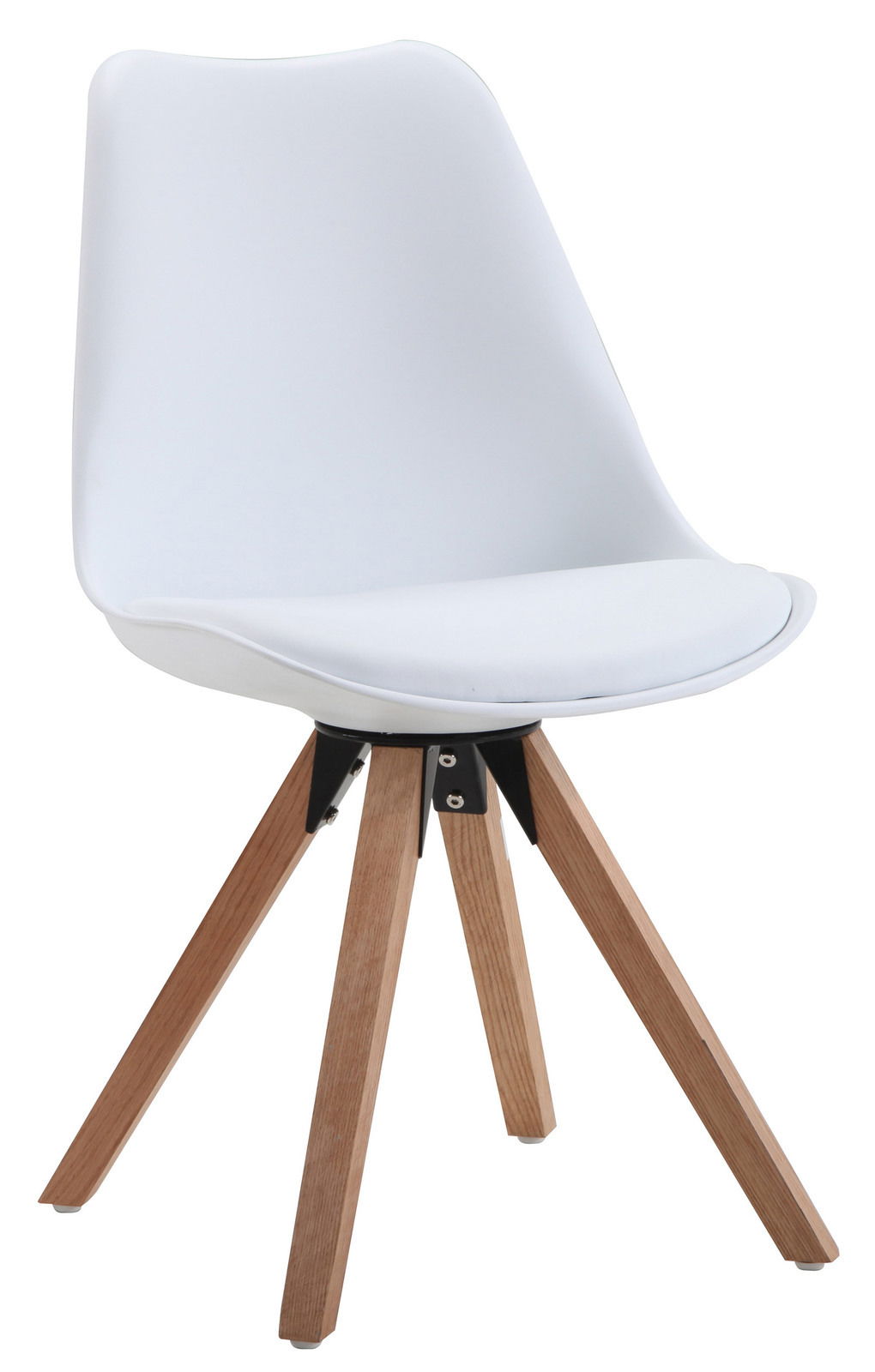 Moderner weißer Stuhl mit Holzbeinen, seitliche Perspektive
