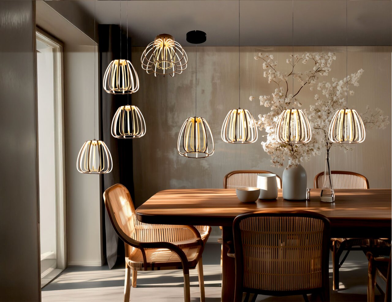Novel LED-Deckenleuchte ONTARIO Moderne Pendelleuchten mit käfigförmigem Schirm in Schwarz und Gold über einem Holzesstisch im Esszimmer, warm leuchtend, Frontansicht leicht seitlich von links