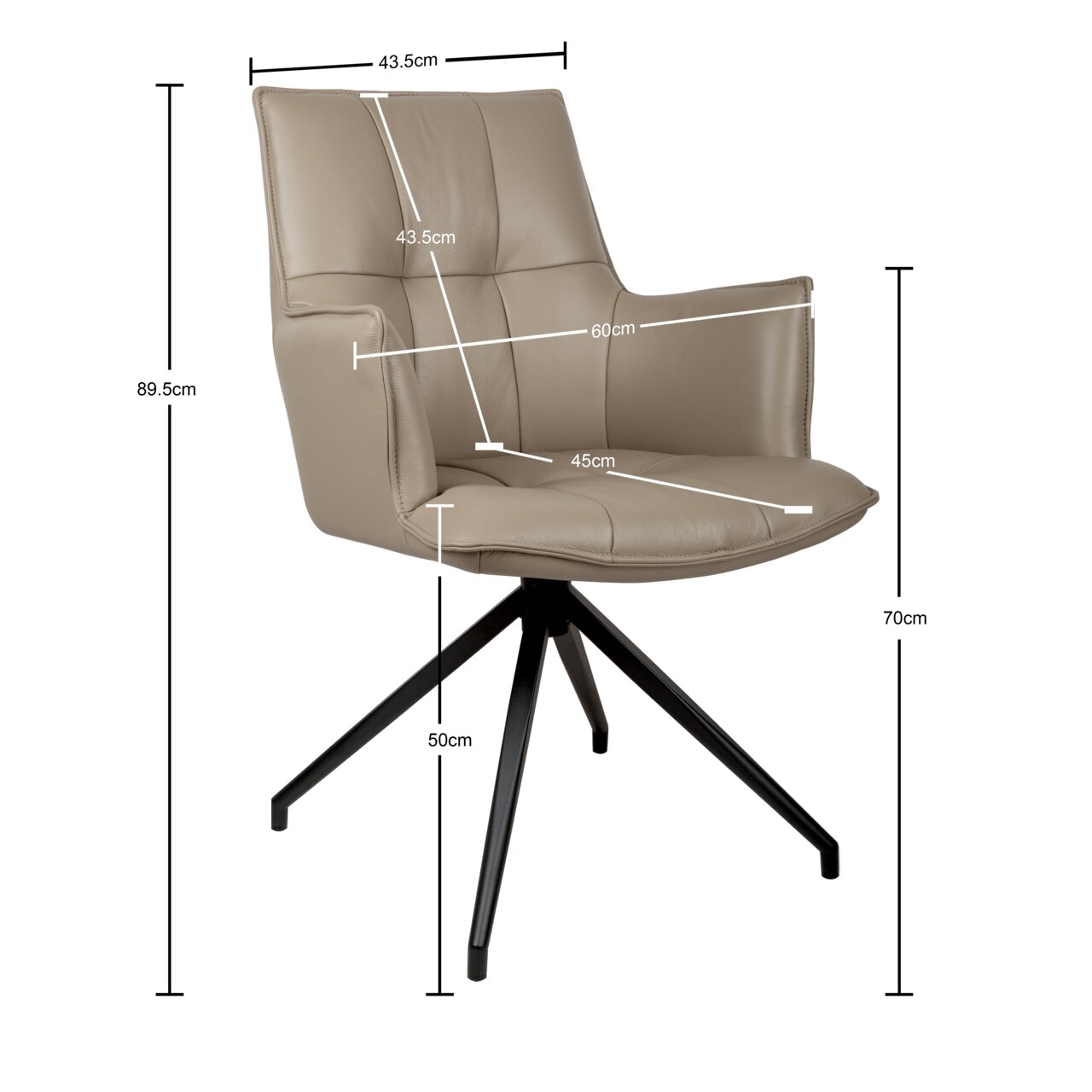 Beige, gestoffeerde draaistoel met armleuningen en een zwart metalen onderstel met vier poten, met afmetingen (o.a. hoogte ca. 89,5 cm, zithoogte ca. 50 cm, hoogte armleuningen ca. 70 cm), afgebeeld in een schuin vooraanzicht.