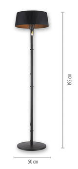 Schwarzer Standheizstrahler mit rundem Lampenschirm, 195 cm hoch, 50 cm Durchmesser, seitliche Ansicht.