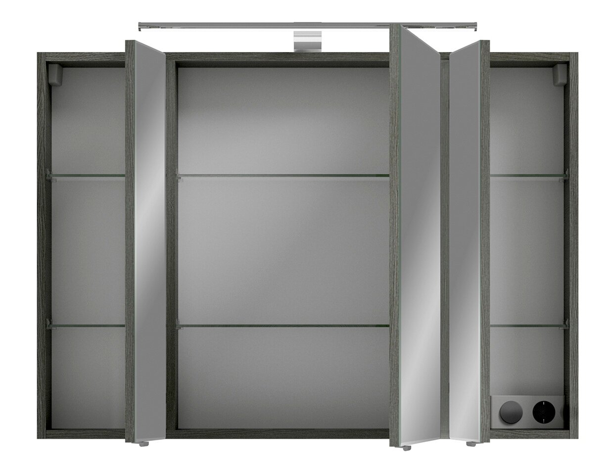 Spiegelschrank mit geöffneten Türen, Innenansicht mit Glasböden und Steckdose, frontale Perspektive