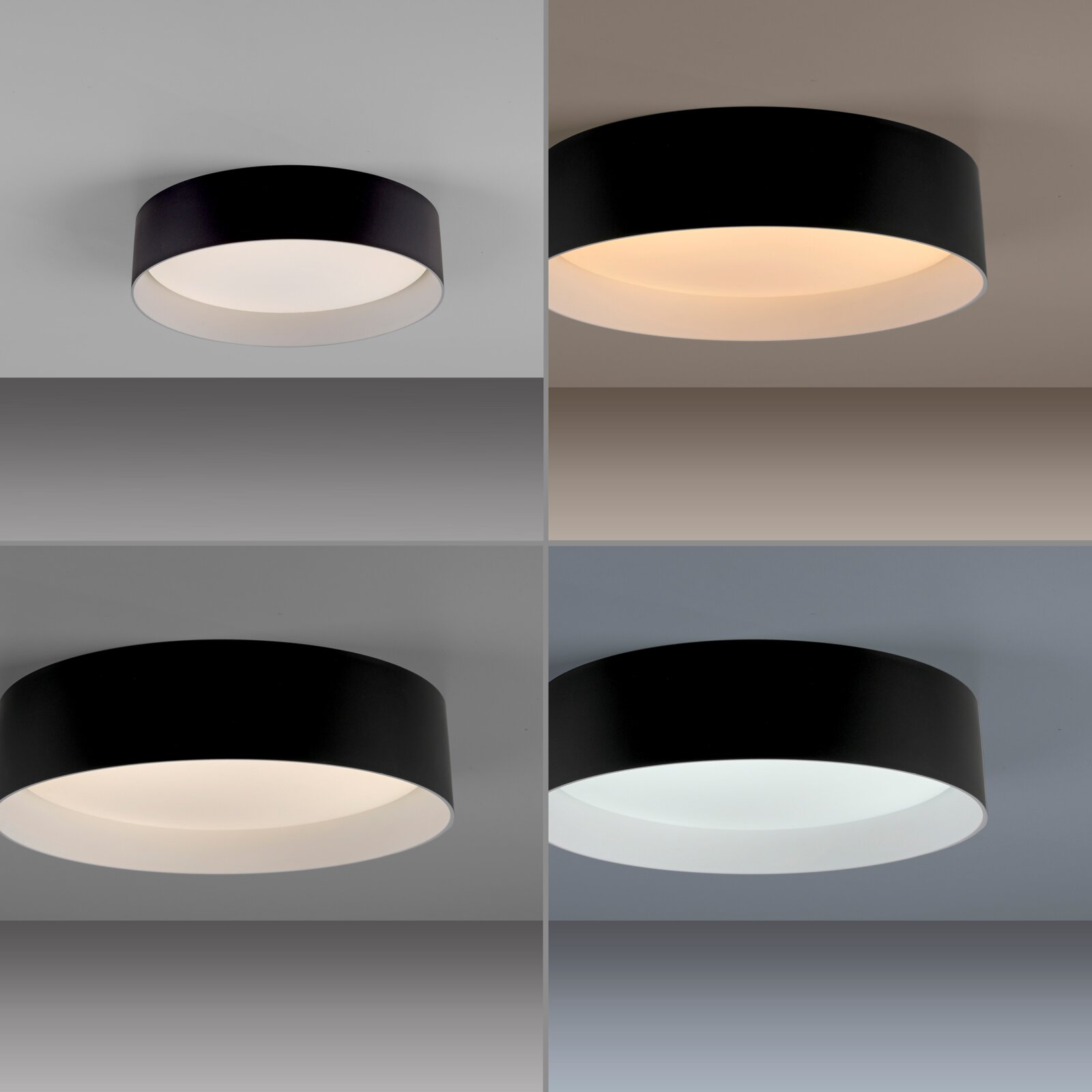 Schwarze, runde LED-Deckenleuchte mit flachem zylindrischem Gehäuse und weißem Diffusor, gezeigt aus leicht schräger Untersicht (Blick von unten) in vier Ansichten mit warm- und kaltweißem Licht.