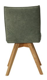Rückansicht eines Stuhls mit grünem Stoffbezug und Holzbeinen.