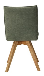 Rückansicht eines Stuhls mit grünem Stoffbezug und Holzbeinen.
