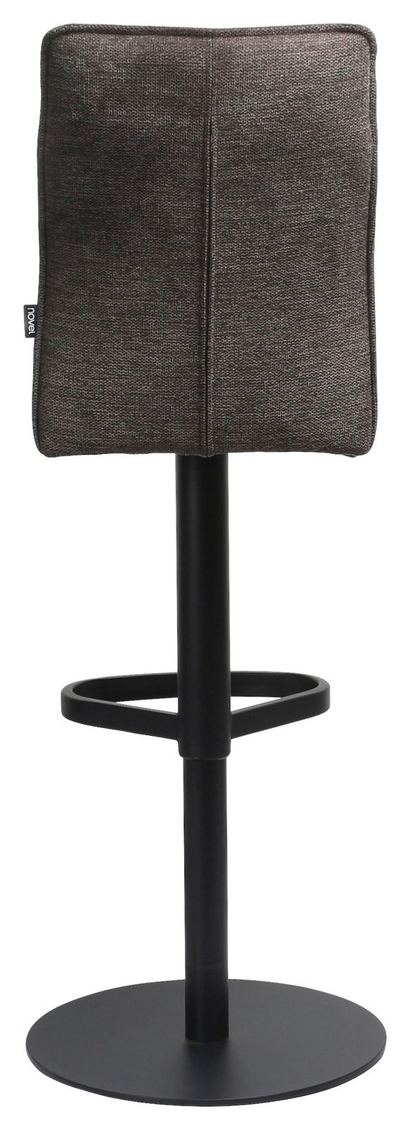 Rückansicht eines modernen Barhockers mit schwarzem Metallgestell und gepolsterter Rückenlehne in dunklem Stoff.