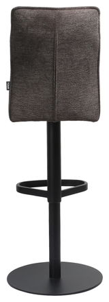 Rückansicht eines modernen Barhockers mit schwarzem Metallgestell und gepolsterter Rückenlehne in dunklem Stoff.