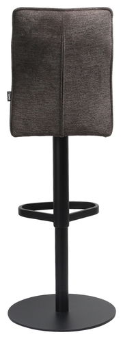 Rückansicht eines modernen Barhockers mit schwarzem Metallgestell und gepolsterter Rückenlehne in dunklem Stoff.